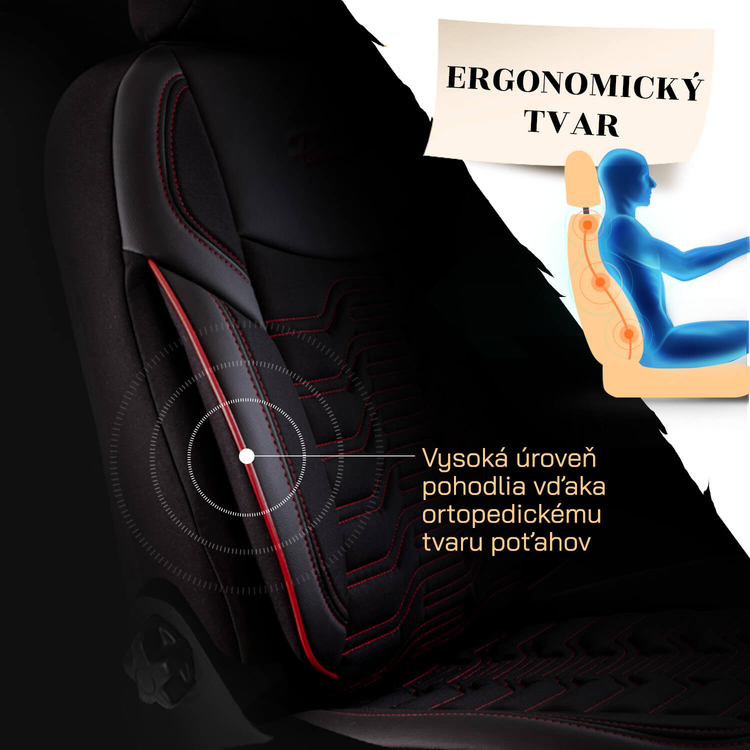 Ergonomický tvar autopoťahov BERLIN čierno-červené – Podpora chrbta