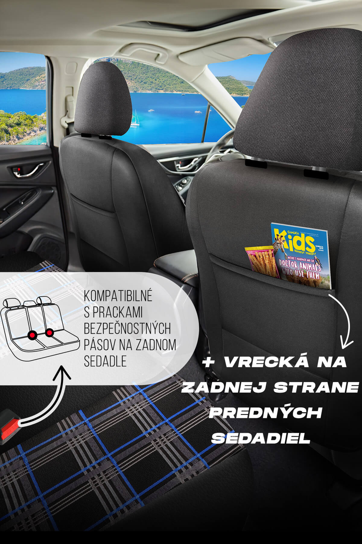 Autopoťahy FETHIYE čierno-modré – Kompatibilné s bezpečnostnými pásmi a praktické vrecká