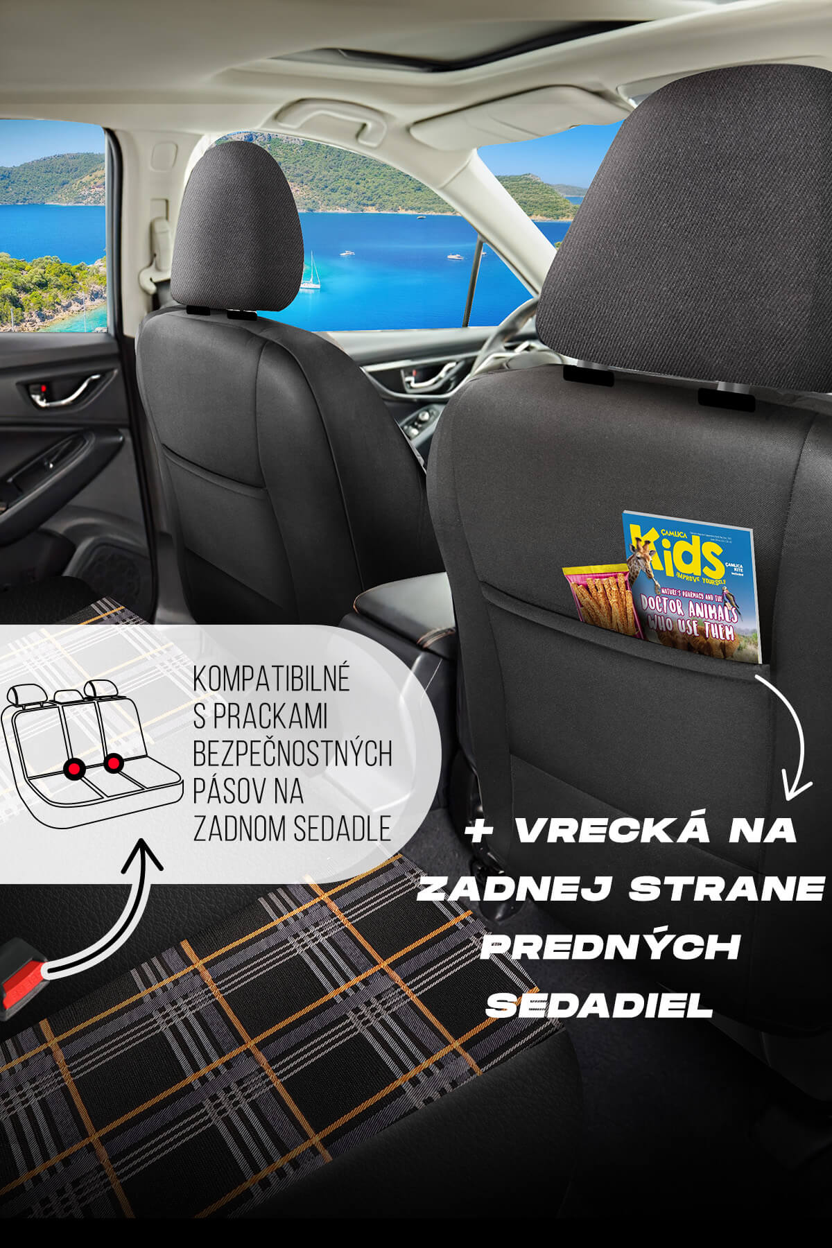 Autopoťahy FETHIYE čierno-oranžové – Kompatibilné s bezpečnostnými pásmi a praktické vrecká