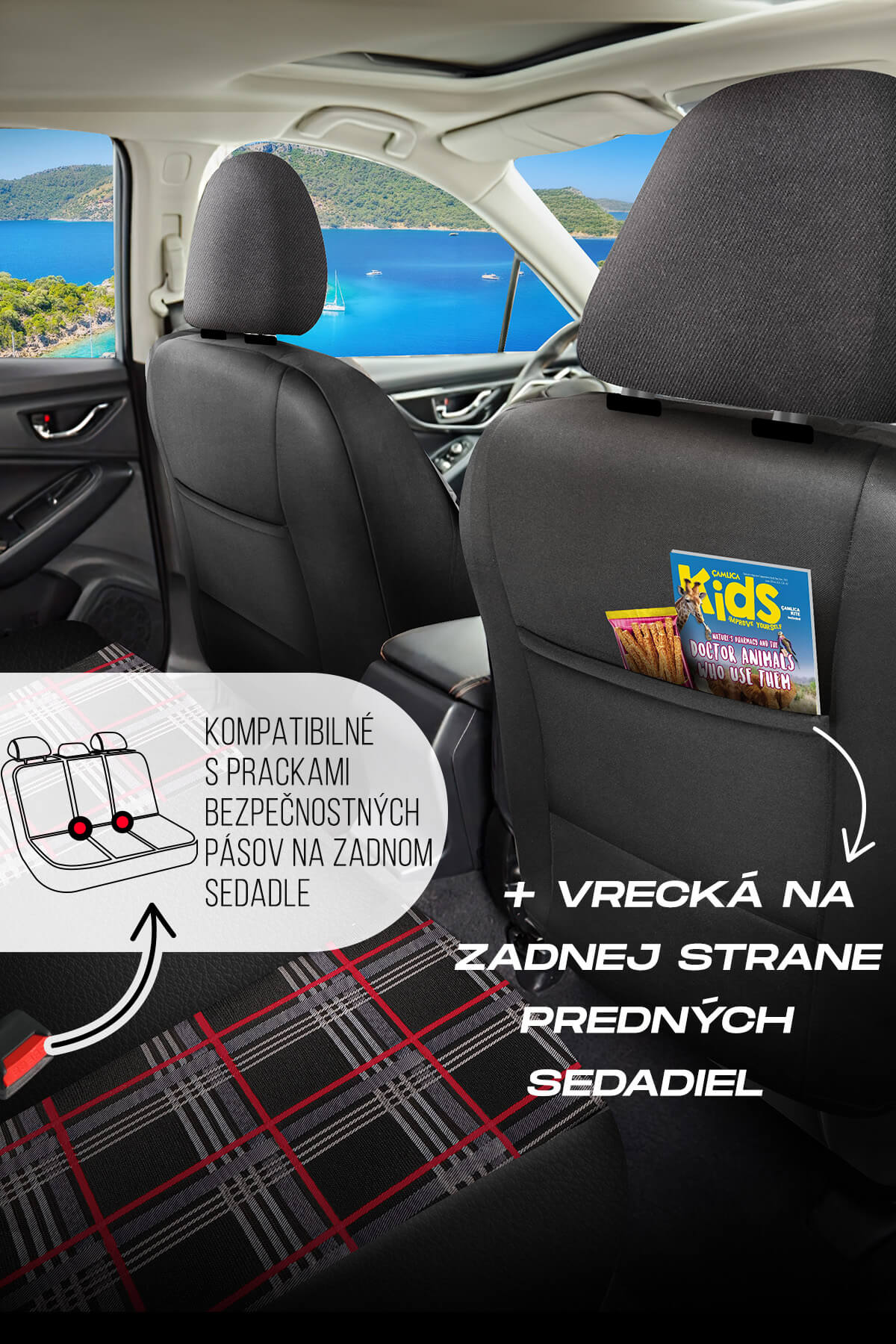 Autopoťahy FETHIYE čierno-červené – Kompatibilné s bezpečnostnými pásmi a praktické vrecká