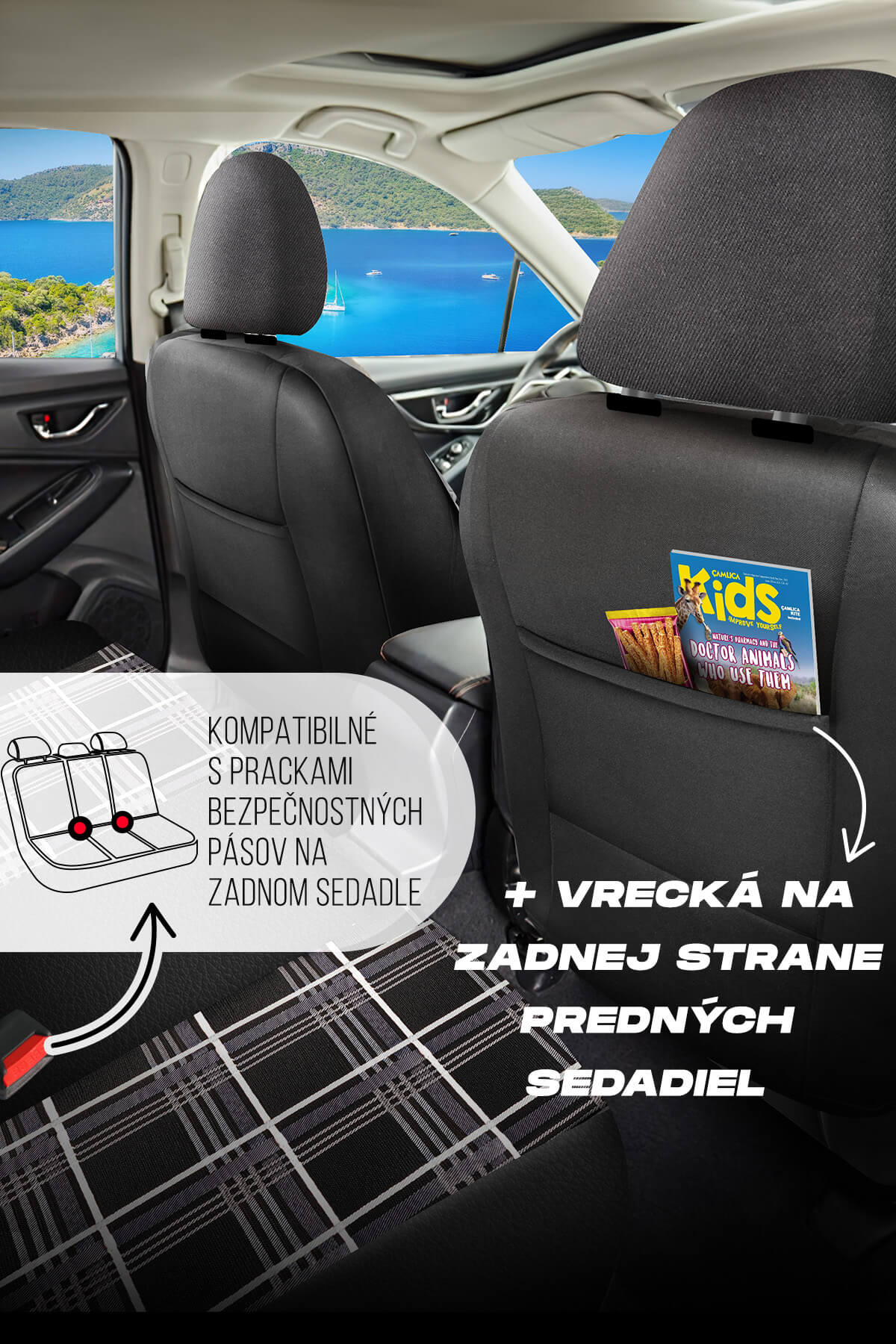 Autopoťahy FETHIYE čierno-biele – Kompatibilné s bezpečnostnými pásmi a praktické vrecká