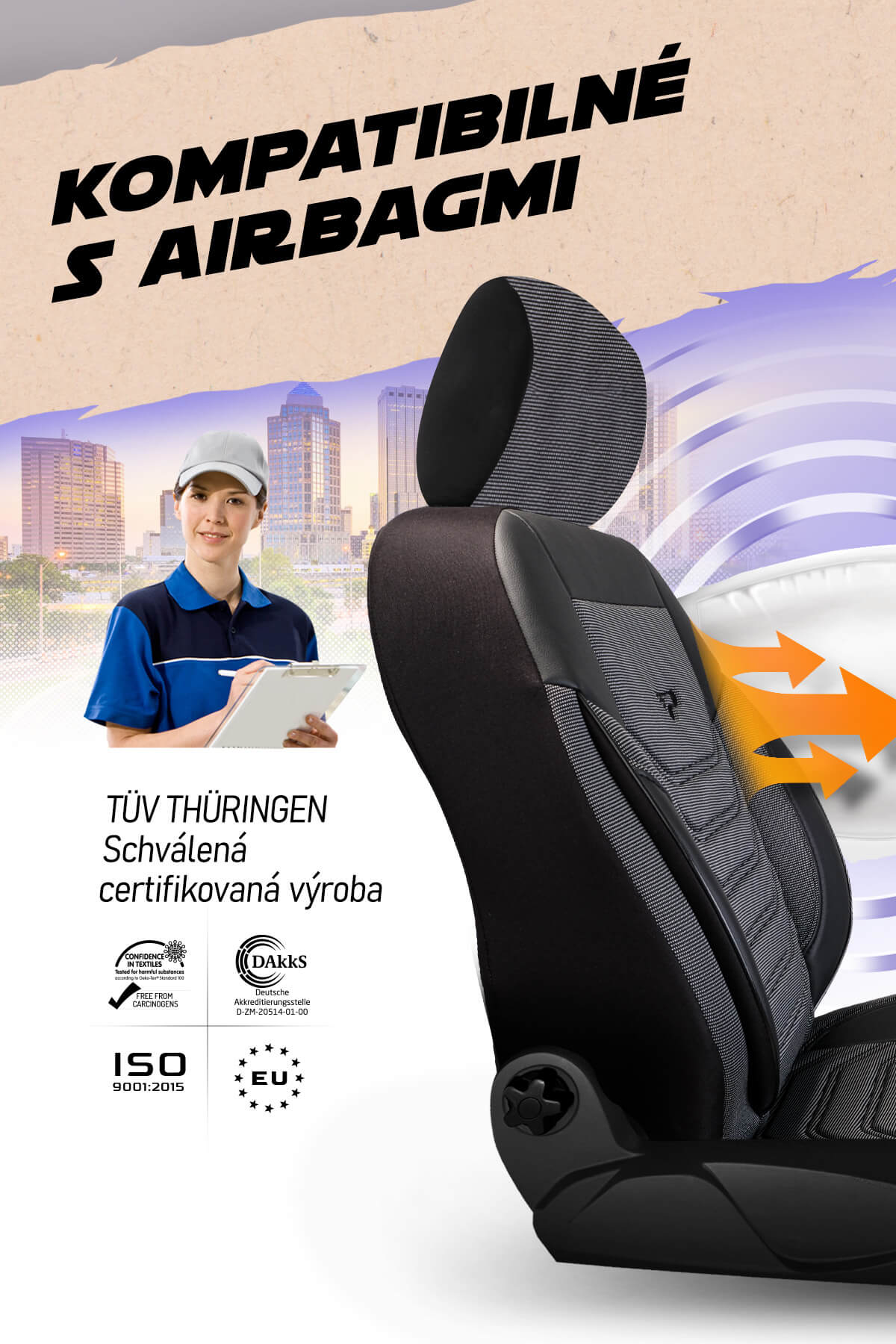 Autopoťahy Florida – certifikované pre kompatibilitu s airbagmi, ISO 9001:2015